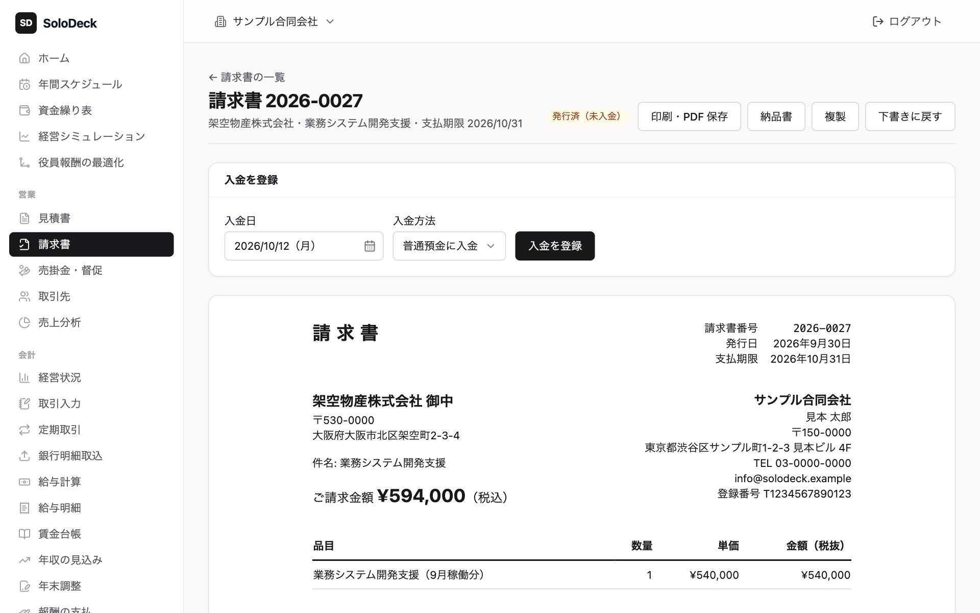 SoloDeck の請求書の画面。左に帳簿・給与・資金繰りなどのメニューが並ぶ（架空の会社のデータ）